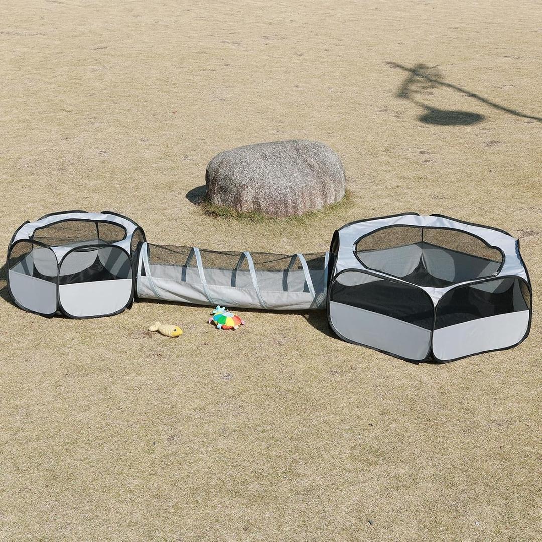 Outdoor Cat EnclosureCat Tunnels for Indoor and Outdoor Playpen Portable Cats with Cube Tent Toys Combo for Kitten, Puppy, Rabbit and Small Animals(One Small and One Large Hexagonal Cube +Tunnel