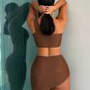 3 Piece Bikini Sets for Women One Shoulder Swimsuits Tummy Control High Waisted with Cover Up Skirt CoffeeBrown Large (Brown, L)