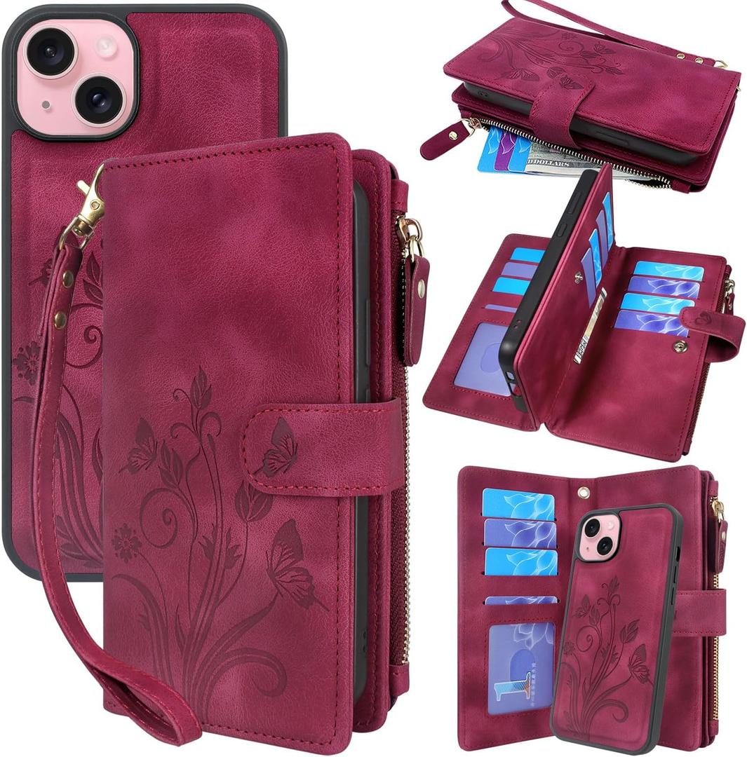 Lacass Compatible with iPhone 14 / iPhone 13 6.1 inch Case [ Card Slots] ID Credit Cash Holder Zipper Pocket Detachable Magnet Leather Wallet Cover with Wrist Strap Lanyard(Floral Wine Red)