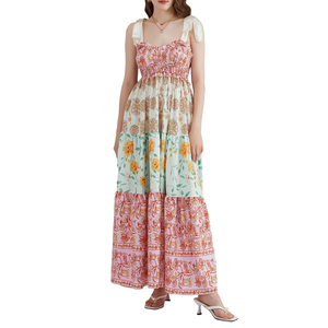 Sastianaen Women Y2k Boho Floral Maxi Dress Tie Shoulder Flowy Smocked Long Dress Summer Going Out Sundress, M