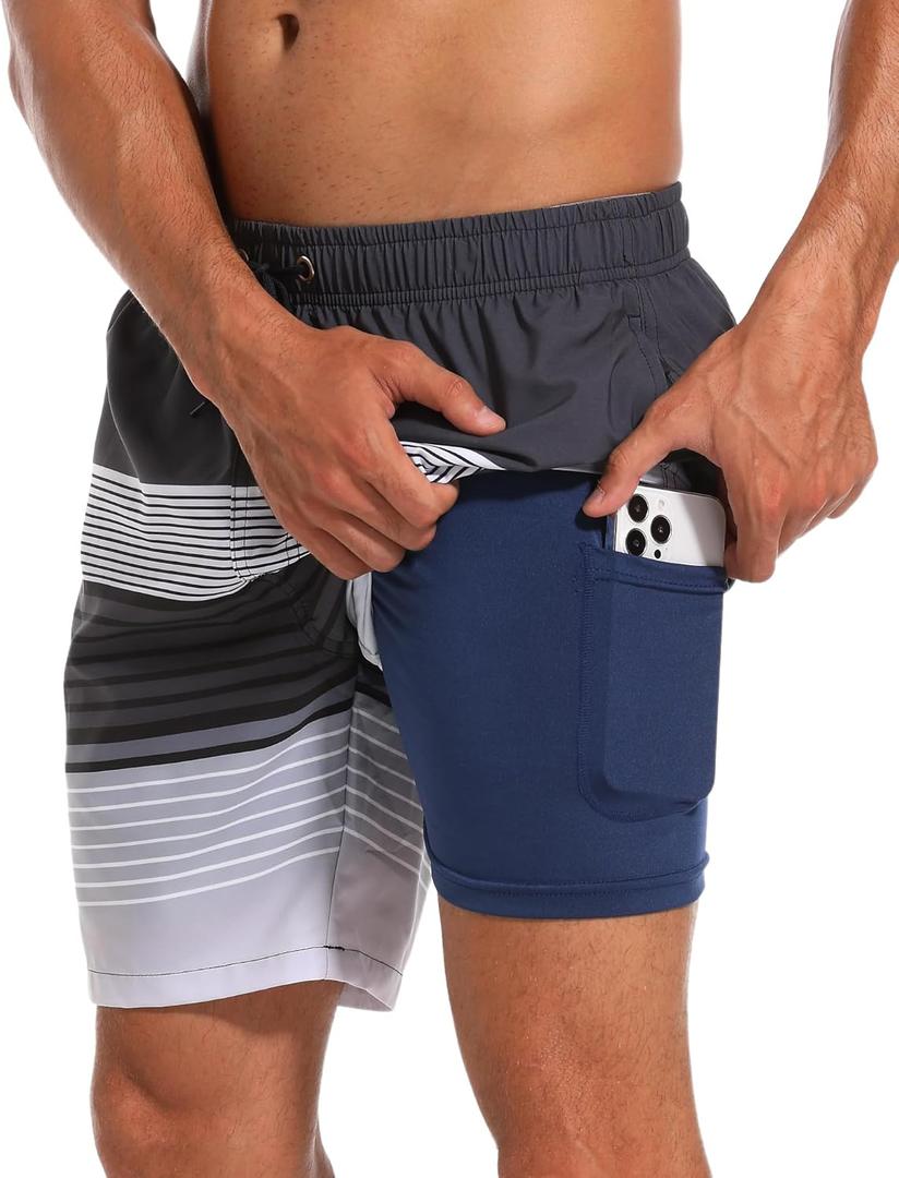 SILKWORLD Mens Swim Trunks Quick Dry Compression Liner 2 in 1 Shorts Men Swimsuit (X-Large, Stripe (Black & Gray Gradient)#01)