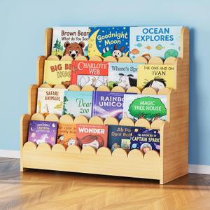 SpaceAid 4-Tier Scalloped Bookshelf, Montessori Bookcase for Toddlers, Wooden Book Shelf Organizer Display Furniture for Kids Rooms, Playroom, Nursery and Classroom, 29.6 Wide, Natural
