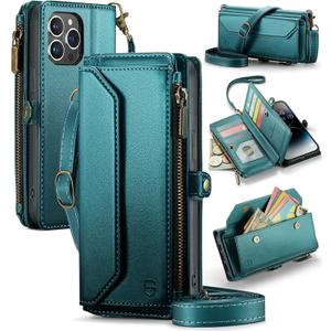 Wallet Case Compatible with iPhone 14 Pro Max RFID Blocking 10-Card Holder Soft PU Leather Magnetic Snap Shoulder Strap Zipper Pocket Phone Case Fit for iPhone 14 Pro Max - Blue Green