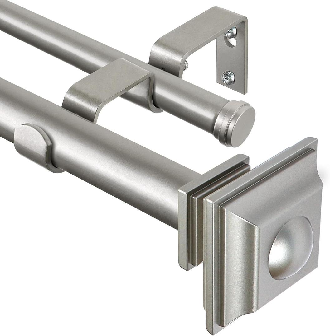 KAMANINA 1 Inch Double Curtain Rods 72 to 144 Inches (6-12 Feet) Telescoping Dark Silver Curtain Rod for Windows 69 to 140 Inches, Heavy Duty Drapery Rods with Square Finials