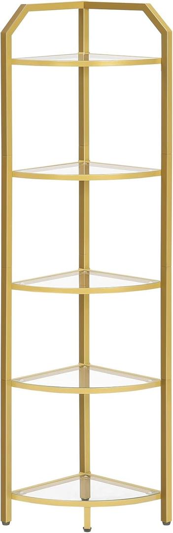 HOOBRO 5-Tier Corner Shelf Stand, Gold Corner Bookshelf, Tempered Glass Shelves, Bathroom Organizer, Corner Plant Stand, for Living Room, Study, Balcony, Home Office, Modern Style, Gold GD15CJ01
