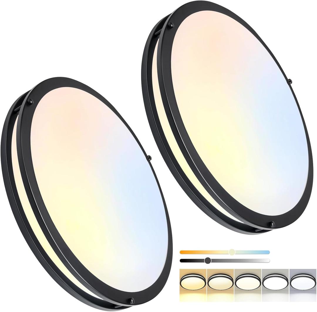 16inch LED Flush Mount Ceiling Light Fixture Dimmable Matte Black, Easy Install LED Ceiling Lamp Fixture Without Flicker, Super Bright 48W 4800LM 5CCT Warm to White Light 3000K to 6000K 2-Pack