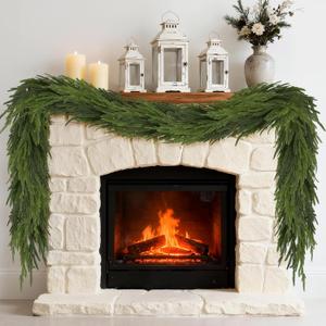 2Pcs 9FT Christmas Norfolk Pine Garland, Realistic Artificial Pine Garland, Real Touch Faux Greenery Christmas Garland for Table, Mantle, Winter Holiday Christmas Decorations Indoor Outdoor