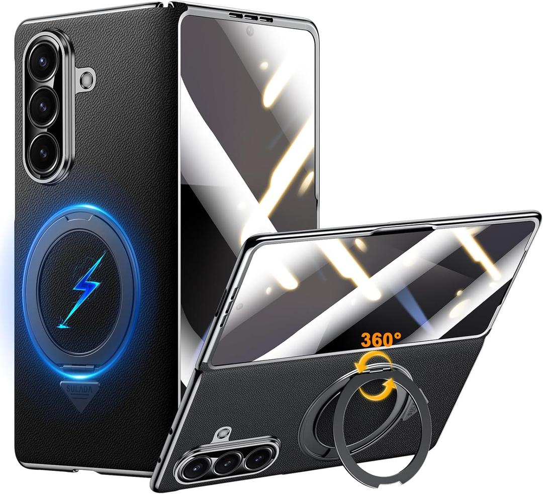 [All-in-One Design Case for Samsung Galaxy Z Fold 7: Compatible with MagSafe, Leather Back Cover with 360 Rotatable Ring Holder, Shockproof Protective Case for Fold 7 Black