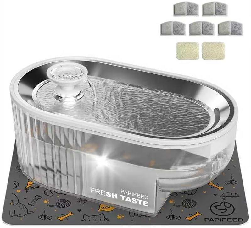 Cat Water Fountain Stainless Steel with a Silicone Mat, 84oz/2.5L Automatic Cat Water Fountain with Water Level Window and LED Light, Quiet Low Power Cat Water Bowl & Cat Water Dispenser(White)