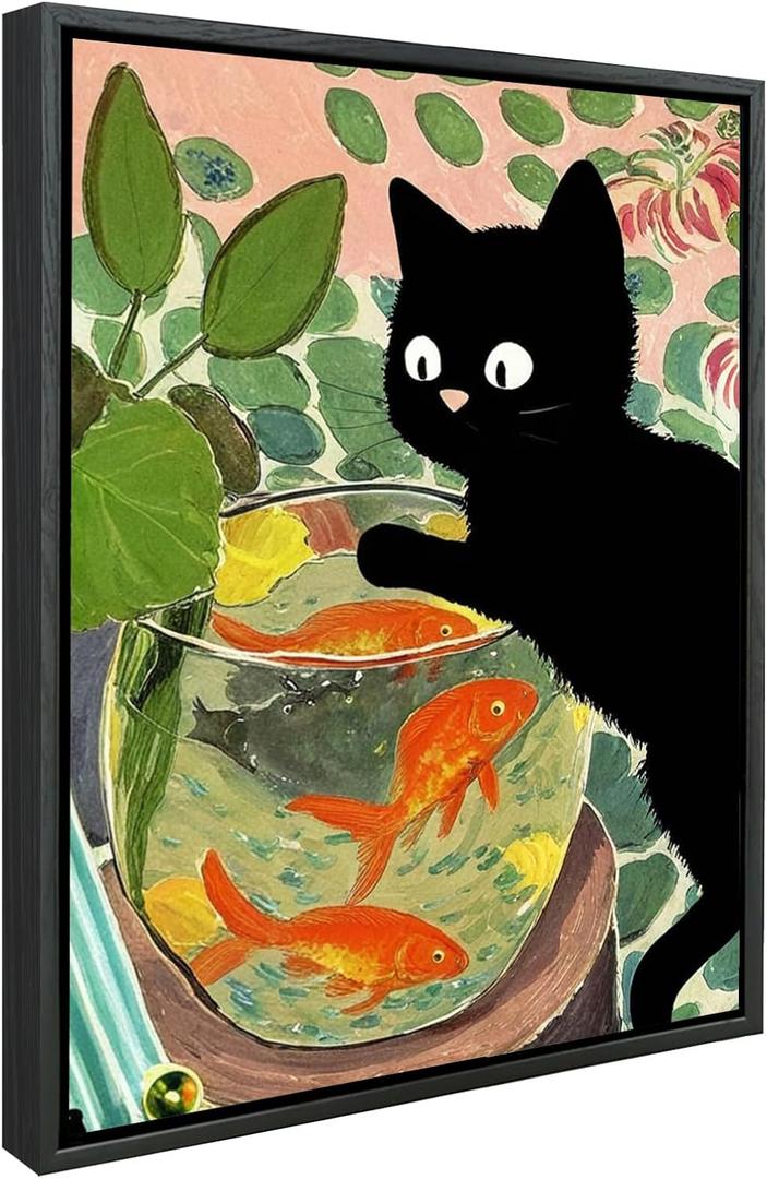 12x16 Floating Framed Canvas Wall Art Prints,Abstract Black Cat Watching Fish Canvas Art Prints,Suit for Kitchen Office Living Room Bedroom Bathroom, 12x16 Black Floating Frame (CB1216-004)