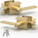 Mega Handles - Prime Entrance Handle, Entry Lever Door Handle, Heavy Duty Square Locking Lever Set for Left or Right-Handed Doors, Interior/Exterior Door Levers - Satin Brass (1 Pack)