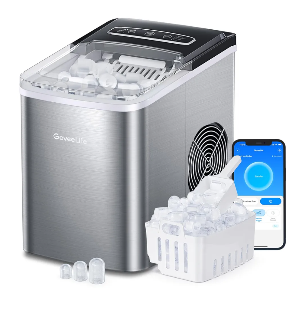 GoveeLife Smart Countertop Ice Makers, Portable Ice Maker Machine with Self-Cleaning, 6 Mins 9 Bullet Ice, 26lbs/24Hrs, Voice Remote for Home Kitchen Party Camping, with Ice Scoop Stainless Silver