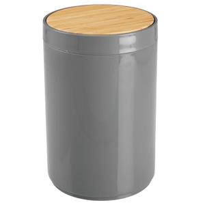 mDesign Plastic Round Trash Can Small Wastebasket - Garbage Bin Container with Swing-Close Lid - Bathroom Garbage Basket - Holds Waste, Recycling - 1.3 Gallon - Basa Collection - Gray/Natural