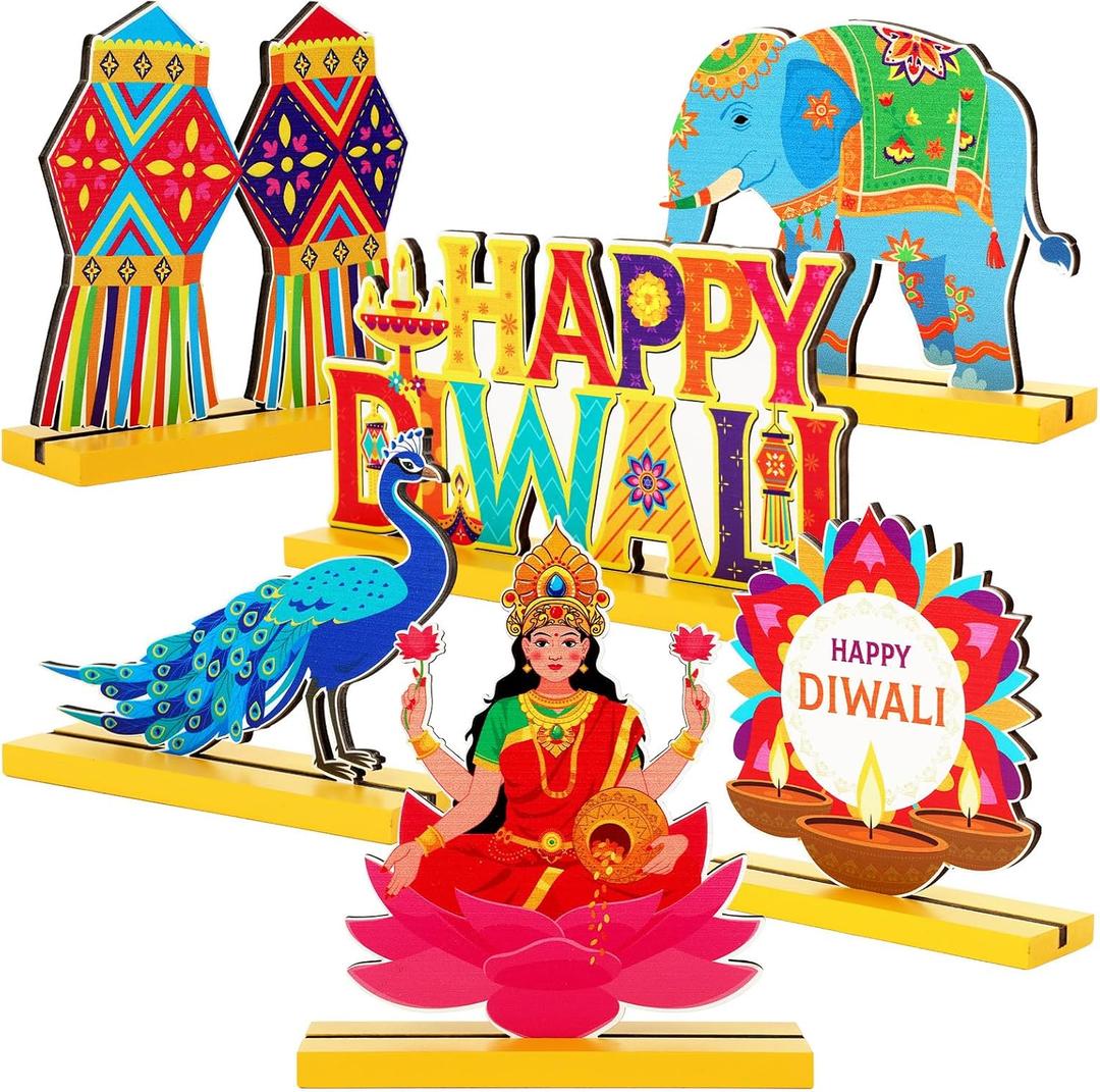 Jansun 6 Pack Diwali Wooden Centerpieces, Happy Diwali Table Sign Diwali Light Centerpieces Festival Decorations for Party Home Desk Decor (Orange Yellow)