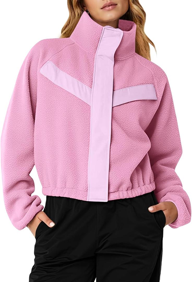 Fisoew Womens Fuzzy Fleece Cropped Jackets 2025 Fall Long Sleeve Zip Up Stand Collar Sherpa Jacket Winter Coats with Pockets (Large, Pink)
