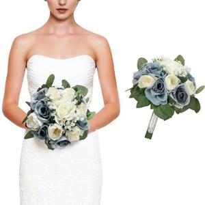 DIYDOFUN Wedding Bouquets for Bride, 11 Inch Bridesmaids Bouquets Artificial Flower Bouquets for Wedding Ceremony Bridal Shower Decorations - Dusty Blue & White