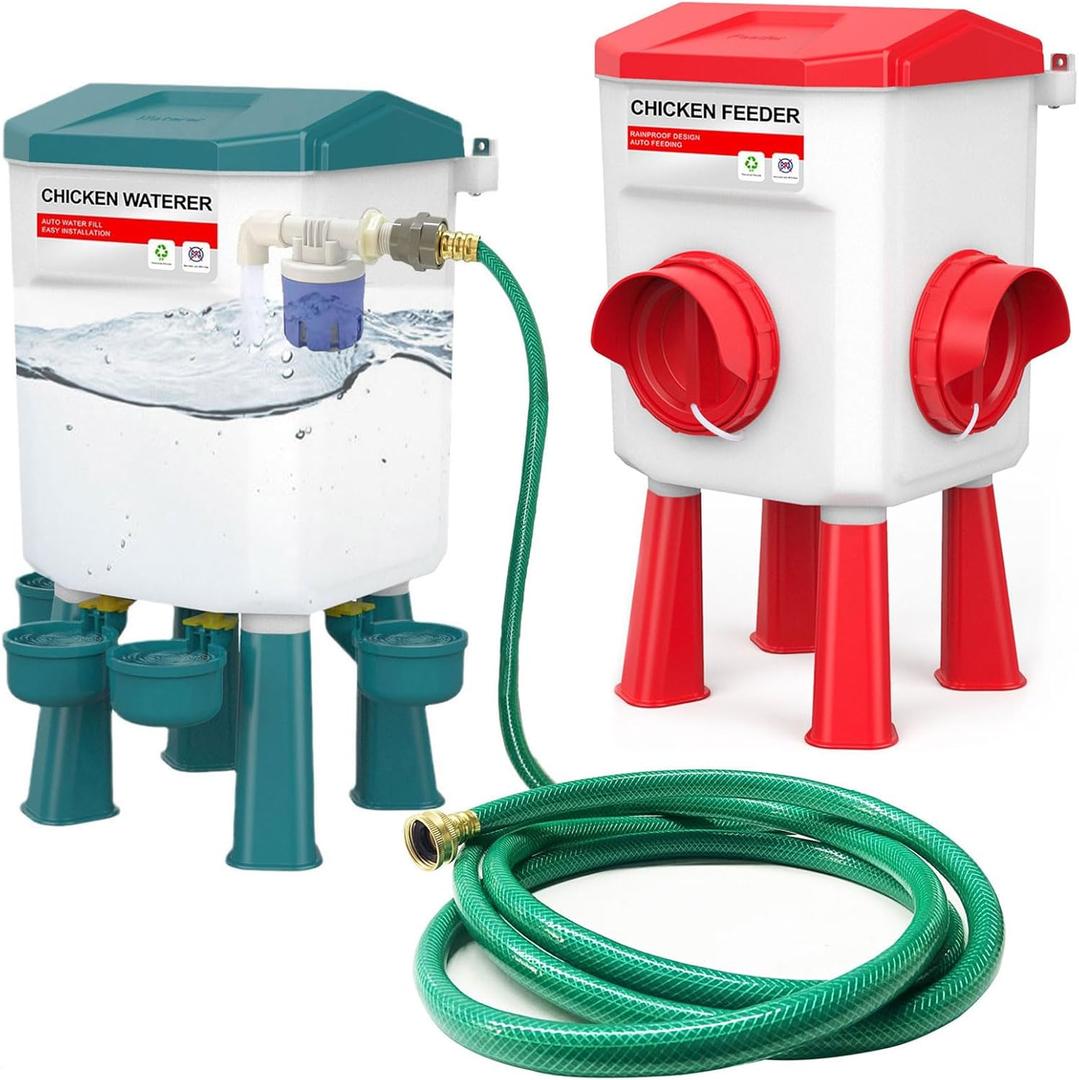 Float-Controlled Automatic Chicken Waterer & No Waste Feeder Kits - Chicken Coop Accessories, Poultry Waterer and Feeder, Two Buckets 3 Gallon/18-23 Pounds