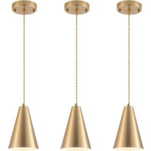 Gold Pendant Lights Kitchen Island, Dining Room Light Fixtures Over Table 3 Pack with Brushed Brass Cone Metal Shade, Modern Farmhouse Mini Chandeliers, Adjustable Cord Hanging Lighting for Bar, Sink