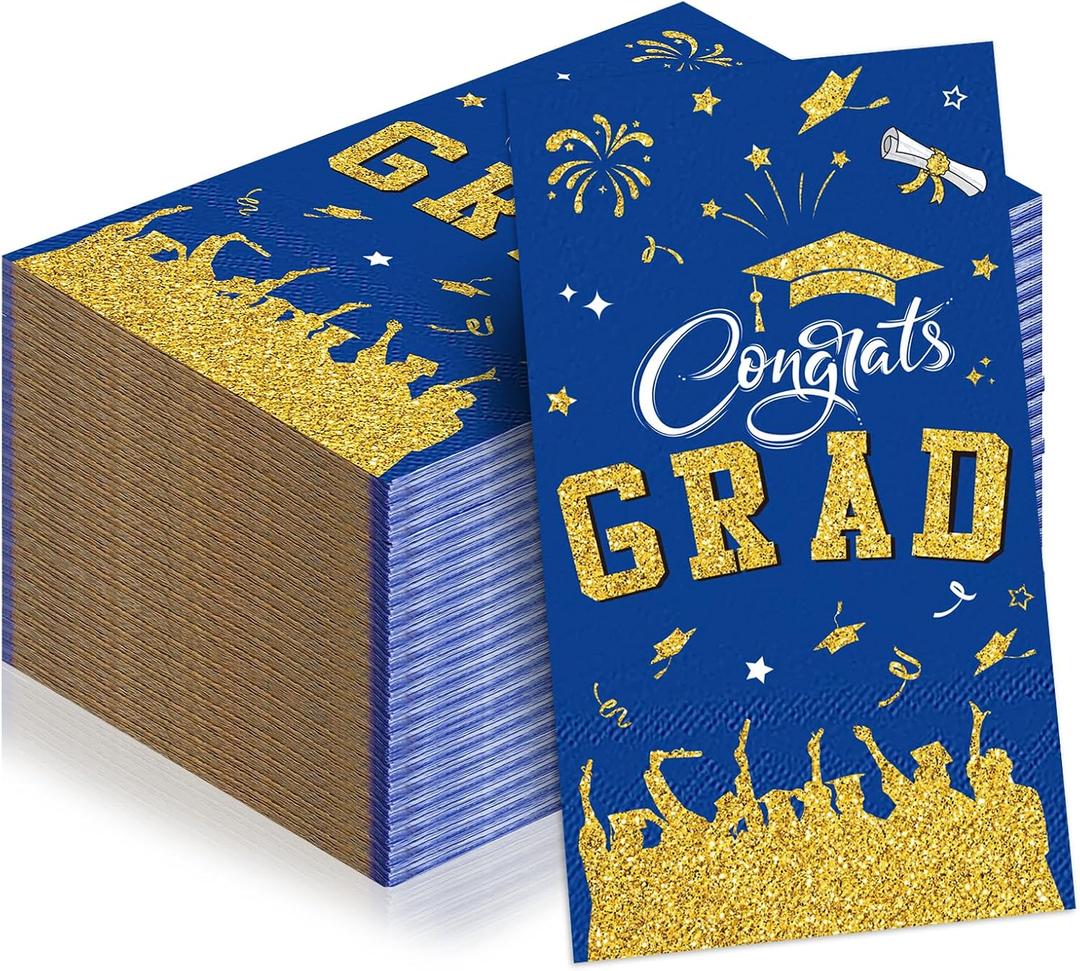 2 x Supervitae 100pcs 2026 Graduation Paper Napkins Congrats Grad Disposable Cocktail Napkins for High School University College Graduation Party Lunch Dinner Decoration Supplies (Blue,Gold)