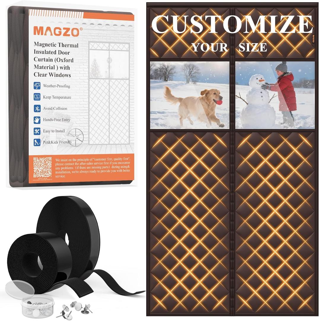 Customizable Magnetic Thermal Insulated Door Curtain with Perspective Window, 5 Layers Oxford&Cotton Cover Blanket Insulation for Winter/Doorway/Attic/Front/Back/Sliding Doors, Keep Cold Out, Brown (Custom Your Size)