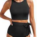Aqua Eve Women High Waisted Bikini Set Racerback Swimsuit Two Piece Bathing Suit High Neck Swimwear (Black, M)