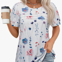 Womens Summer Short Sleeve Tops Pleated Shirts Crewneck Outfit Puff Sleeve Blouses Casual Tunic Blue Flower, Size Large