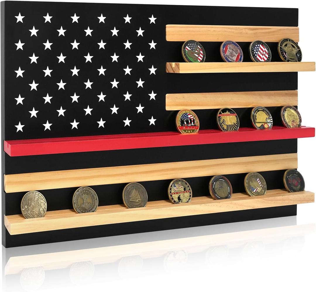 Large American Flag Challenge Coin Wall Display Holder, Solid Wood 3 Rows Thin Red Line Firefighter Coin Display Rack Stand, Holds 30 Coins, Ideal for First Responders Military Veterans