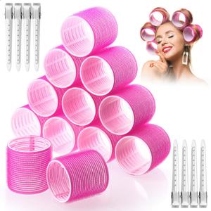 Jumbo Hair Curlers Rollers, 12Pcs 60mm Jumbo Hair Roller Curlers Self Grip Holding Rollers with 12Pcs Hair Clips for Long Straight Thick Hair (Rose Red)