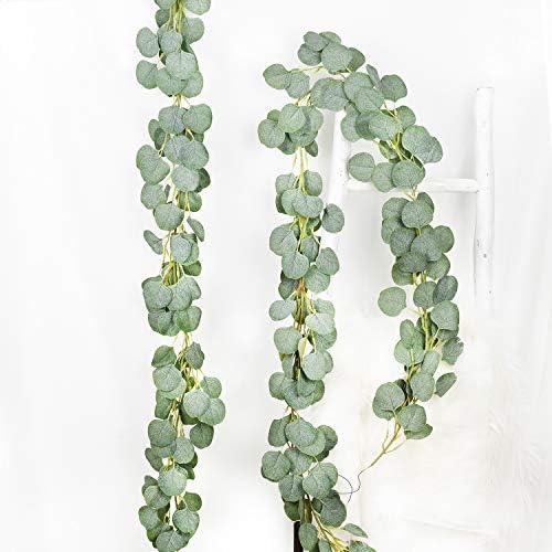 DearHouse 2pc Artificial Eucalyptus Garland Faux Silk Eucalyptus Leaves Vines Handmade Garland Greenery Wedding Backdrop Arch Table Decor, 6.1ft/pc