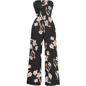 AUXDIO Women's Casual Summer Strapless Jumpsuits Off Shoulder Sleeveless Backless 2025 Wide Leg Romper with Pocket (Black Print)