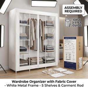 Portable Wardrobe Organizer with Fabric Cover – Heavy Duty White Wire Shelves & Hanging Rod, Freestanding Closet Storage Cabinet for Clothes, Shoes, and Accessories, 43.3" W x 17.7" D x 68.9" H, 5 Shelves