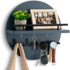 Key Holder for Wall Decorative with Shelf and Hooks, Mail Organizer Wall Mount with Sunglasses Holder, Circular Design Entryway Key Rack Hanger, Rustic Home Decor (Navy Blue)