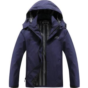 OTU Men's Lightweight Waterproof Hooded Rain Jacket Outdoor Raincoat Shell Jacket for Hiking Travel (Large, Navy)