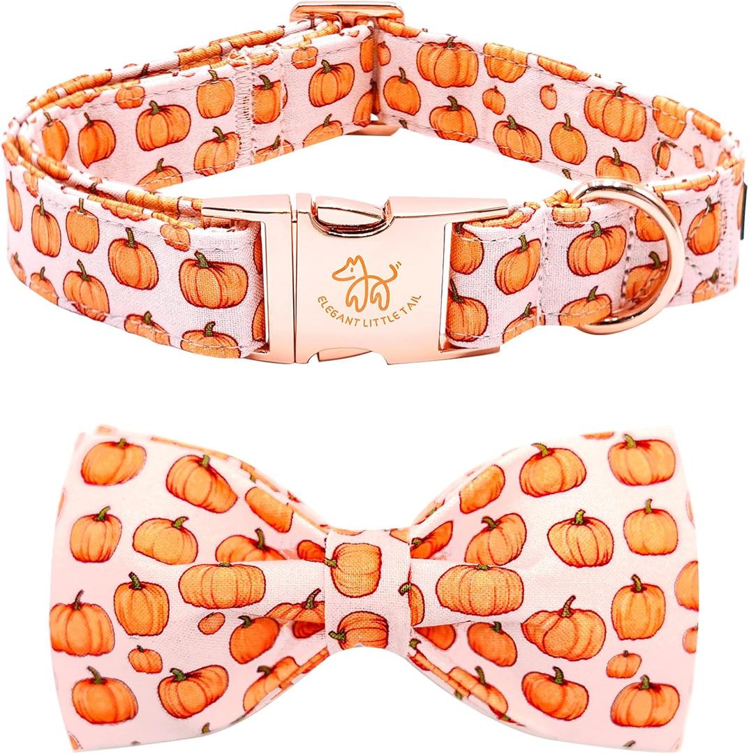 Elegant little tail Fall Dog Collar, Halloween Dog Collar Pink Pumpkin Pet Collars with Bowtie Puppy Metal Buckle Cotton Girls Boys Adjustable Pet Collars for Large Dogs (Large (Pack of 1))