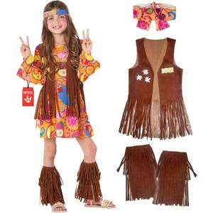 Morph 70s Outfits For Kids, Girls Hippie Costume, Hippie Costume Kids, Girls Halloween Costumes, 70s Halloween Outfit Kid (Small, Orange)