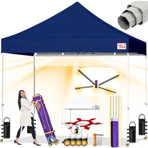 Tradesparker 10x10 Pop Up Canopy Tent,Commercial Movable Canopy with ApexCore LED&Rugged Casters-Instant Easy Setup Shelter Canopies with Weight Bags&Stakes for Oudoor Events Markets Vendors,Navy Blue