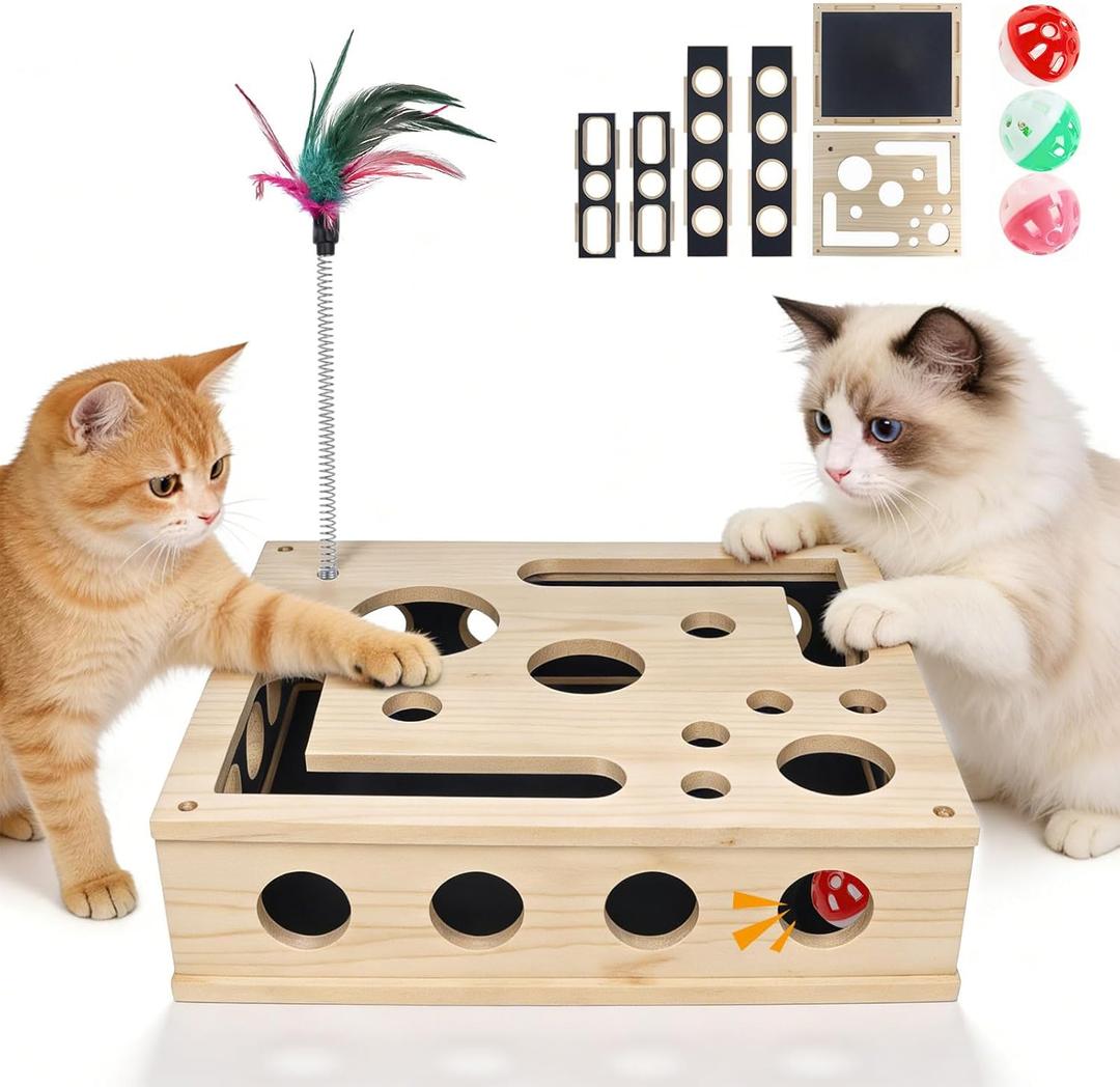 Cat Nail File Scratcher & Enrichment Box - Interactive Scratch Puzzle Maze Toy with Cat Wand & 3 Bell Balls - Stress-Free Nail Care for Indoor Cats - Alternative to Clippers (black)