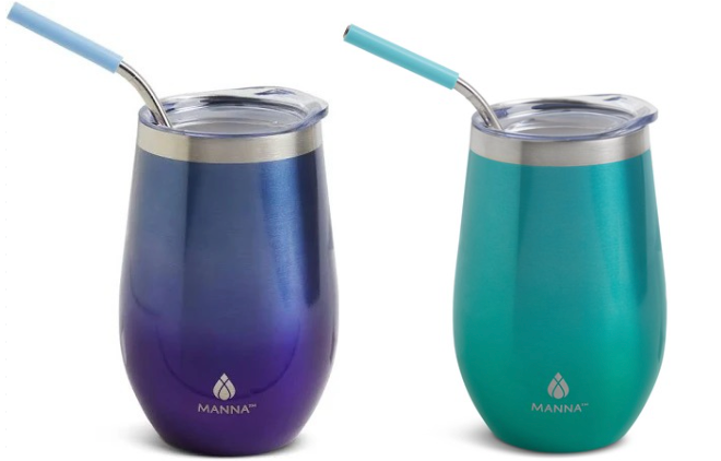 MANNA 17 oz Straw Wine Tumbler, Pack Of 2, Blue & Green