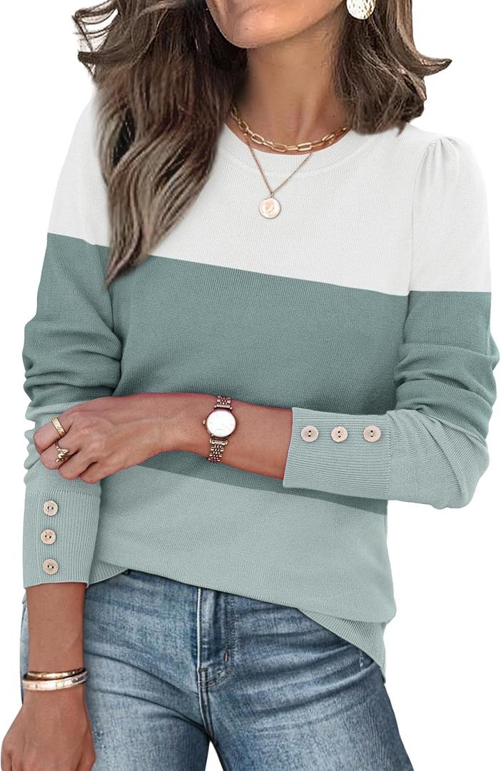 Womens Sweaters Fall Fashion 2025 Long Sleeve Button Cuff Soft Knit Pullover Trendy Tops Dressy Casual Blouses (Large, White Green Blue)