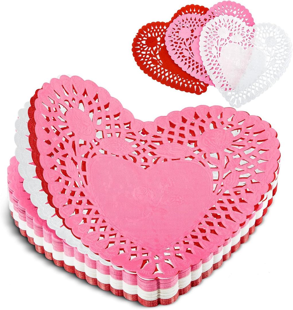 Newwiee 300 Pcs Valentine's Day Paper Heart Doilies Lace Trimmed Heart Doilies Disposable for Birthday Wedding Cakes Desserts Tableware Food Decoration(White,Red,Pink,8 Inch)