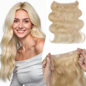 Halo Hair Extensions Wavy Curly, 100% Real Human Hair,No Tangle & Smooth,Invisible Wire Extensions for Women,65s, 18 Inch#Wavy Platinum Blonde