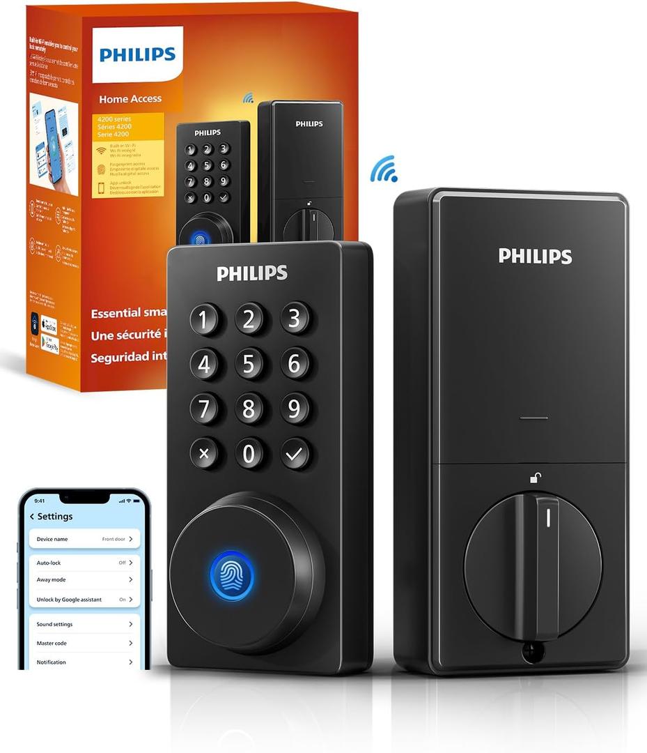 Philips Wi-Fi Door Lock, WiFi Smart Lock Keyless Entry Deadbolt for Front Door, Compatible with Alexa & Google Assistant, Remote Control, Built-in WiFi, APP Fingerprint Passcode Unlock, Auto Locking (Matt Black)