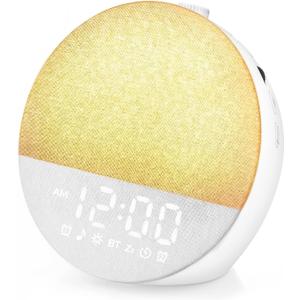 Geuuap Sunrise Alarm Clock White Noise Machine | Natural Wake-Up Light for Bedroom with 30 Soothing Sleep Aids, Bluetooth Speaker, Dimmable Clock, Screen-Free Design for Baby Adults Kids-White