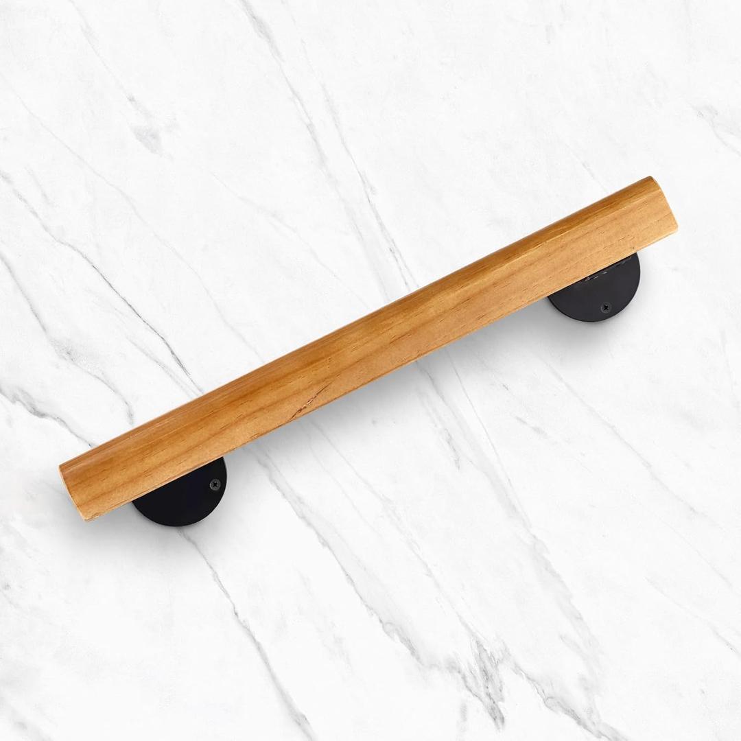 Wooden Handrail with Black Mounting Brackets, Hand Railings for Stairs Indoor Outdoor, Sturdy Safety Wall Mount Support, Non-Slip Staircase Handrail for Home Garden Corridor, Non-Slip Grip