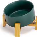 SPUNKYJUNKY 15 Slanted Ceramic Dog and Cat Bowl with Wooden Stand, Tilted Bulldog Food and Water Bowl No Slip Non-Spill for Cats Medium Dogs Big Face Pets 28.7 OZ (3.6 Cups, Green)