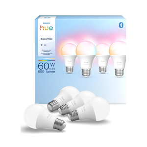 Philips Hue Essential Smart LED A19 Bulb, White and Color Ambiance, E26 Base, 8.8W, 2200K-6500K, 800 Lumens, Dimmable, Works with Alexa, Google, and Apple Home, 4-Pack