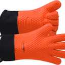 GEEKHOM BBQ Gloves Heat Resistant Oven Mitts - Silicone Grilling Gloves with 13.7" Arm Protection - Waterproof Pot Holder Non-Slip for Men & Women, Kitchen Outdoor Cooking, Baking, Camping, Orange (One Size Fits Most)