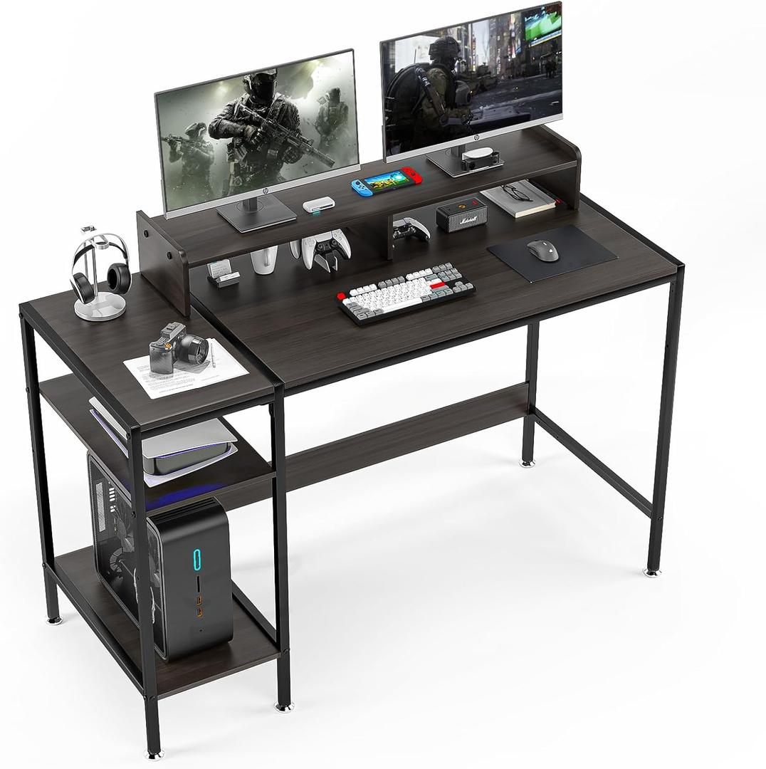 Gaming Desk/Computer DeskHome Office Desk with Monitor Stand, Writing Desk for 2 Monitors,desk Adjustable Storage Space, Firm and practical small deskModern Design Corner desk (Black, 47")