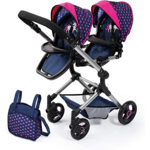 Bayer Twin Doll Pram Neo,Blue With Unicorn and Hearts,18 Inch