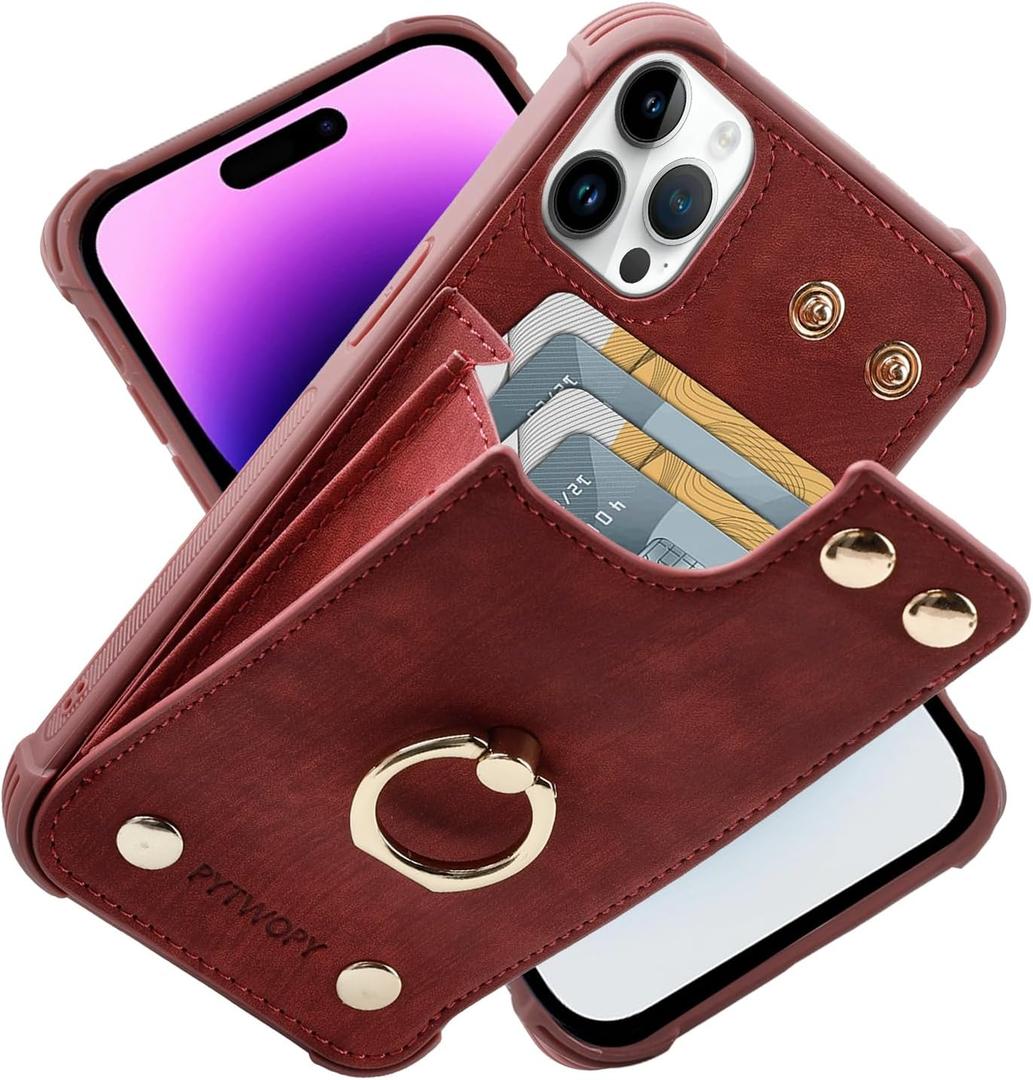 PYTWOPY Compatible for iPhone 15 Pro Wallet Case with Credit Card Holder, Leather Shockproof Protective Phone Cover 6.1 inch Supports 360°Rotation Ring Stand and RFID Blocking, Burgundy